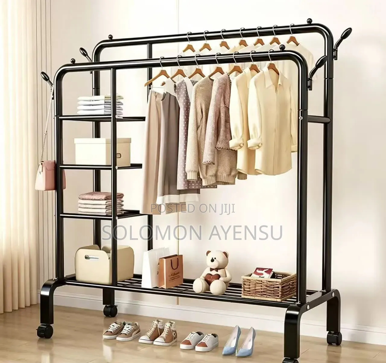 Double Bar Clothes Hanger With Side Shelf.