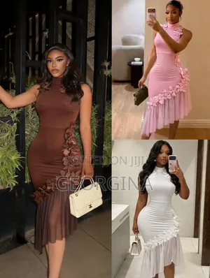 CLASSIC WEARS 3D Flower Bodycon Dress With Mesh Hem - Brown Pink White