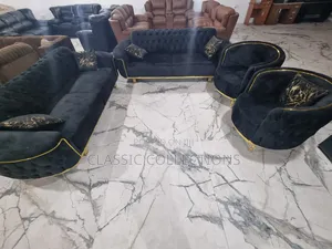 8-Seater Black Velvet Sofa Set With Gold Trim Tufted Accents