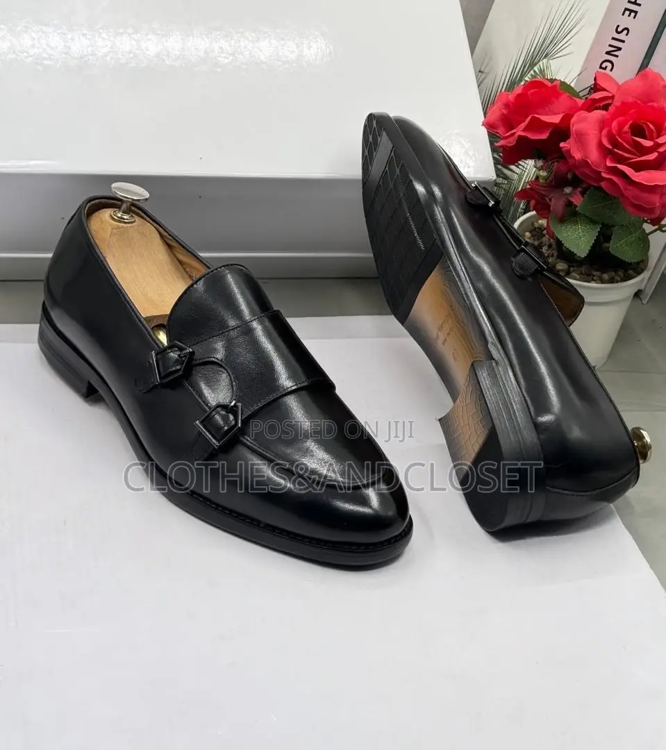 Sleek Black Leather Double Monk Strap Dress Shoes Withpolished Finish
