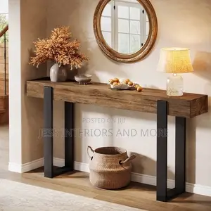 Long Entryway Console Table, Solid Wood Top and Metal Legs