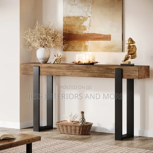 Long Entryway Console Table, Solid Wood Top and Metal Legs