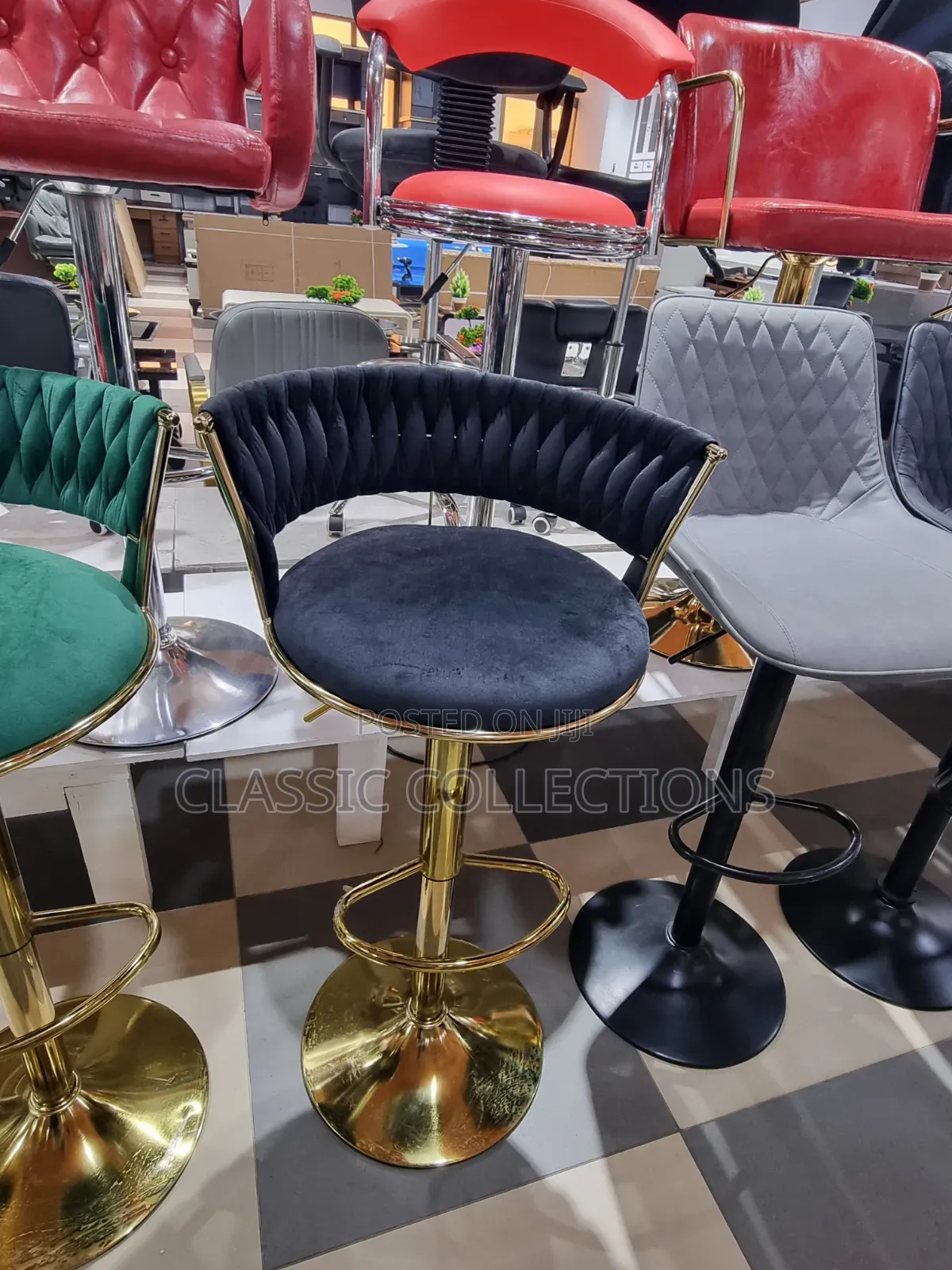 Basket-Weave Velvet Bar Stool With Adjustable Gold Pedestal Base