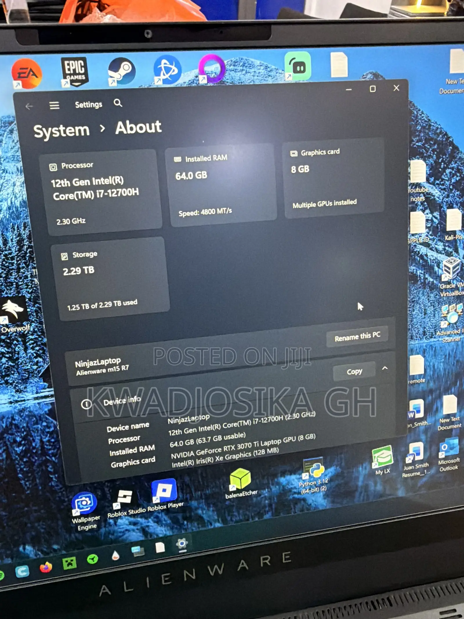 Laptop Alienware M15 R7 64GB Intel Core i7 SSD 3T