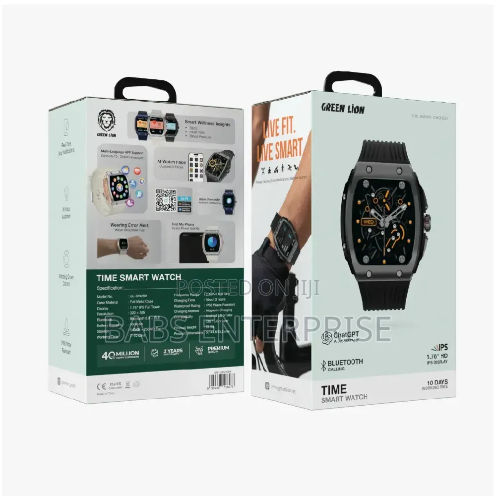 Green Lion Time Smart Watch 1.76 Inch HD IPS Display – Black