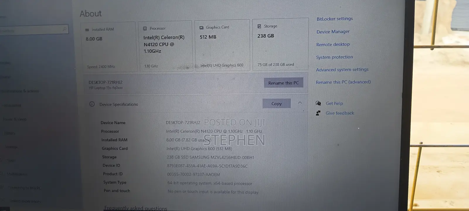 Laptop HP 15S 8GB Intel Celeron SSD 250GB