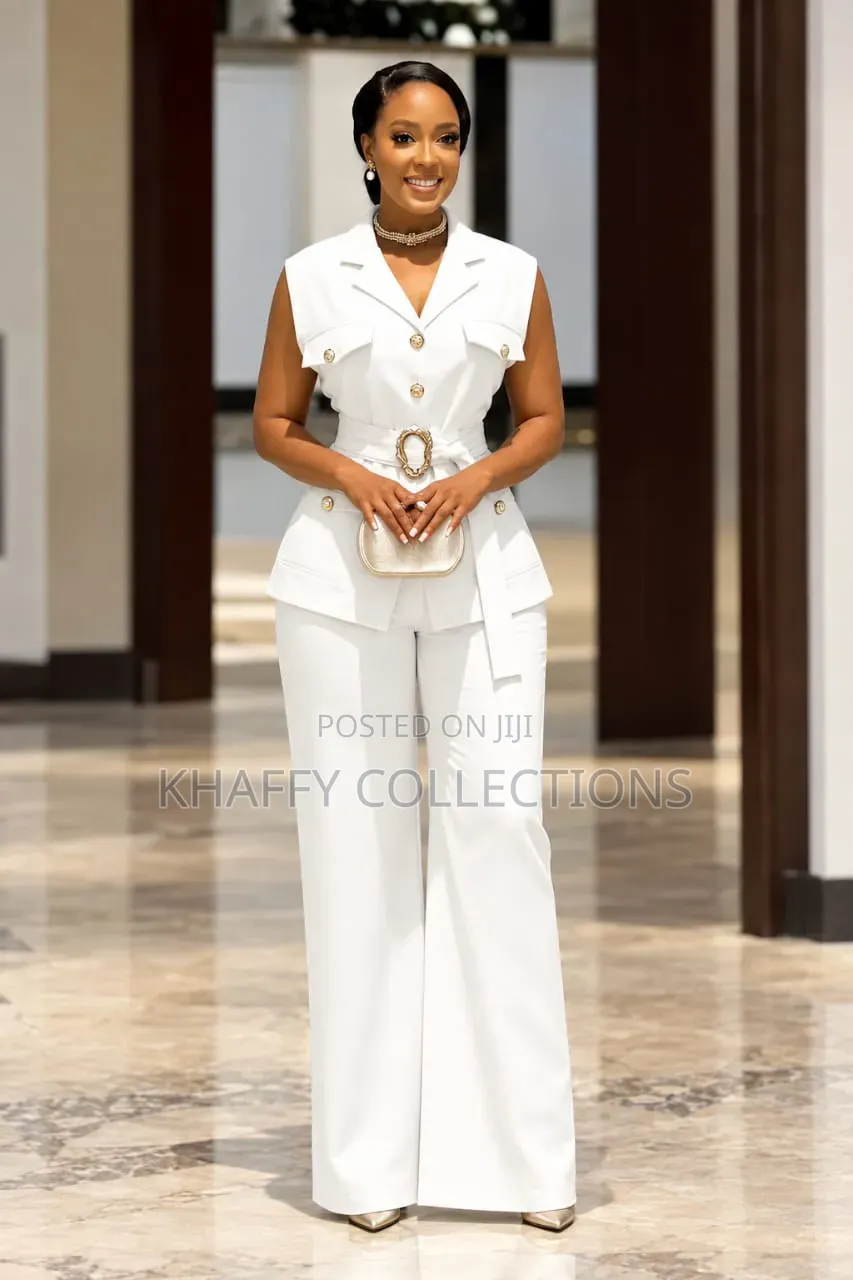 Luxury Two Piece Set Blazer Top With Gold Belt+ Wide Leg Palazzo