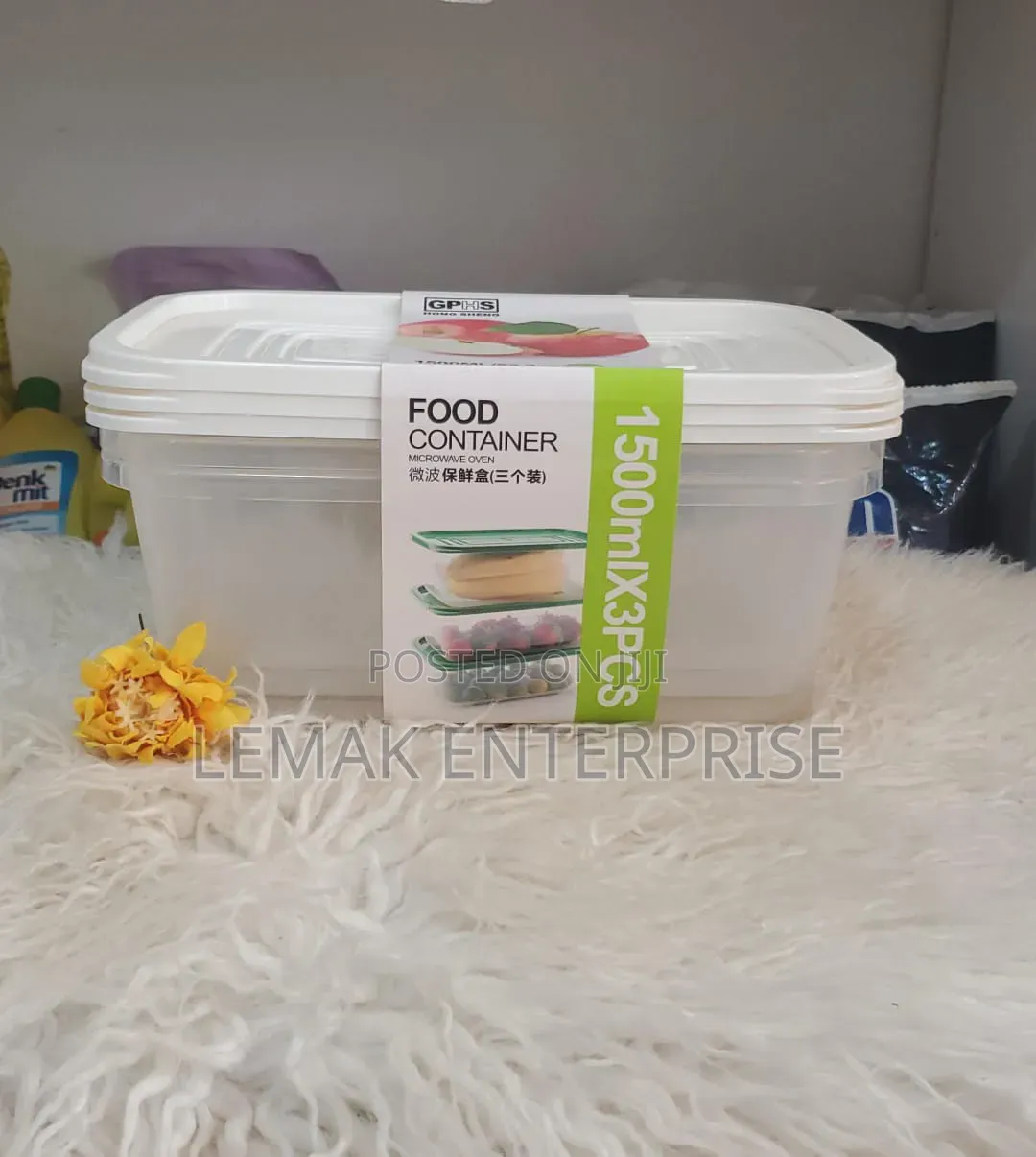 3-Piece Set of 1500ml Plastic Microwave-Safe Food Storage Containers.