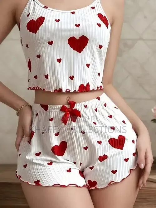 Cute Heart Print 2 Piece Night Wear Sets