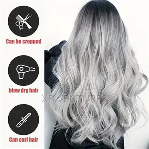 Long Wave Gradient Black Gray Synthetic Natural Wig,