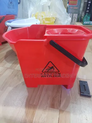 Red Plastic Mop Bucket With Caution Wet Floor Warning and Integrated