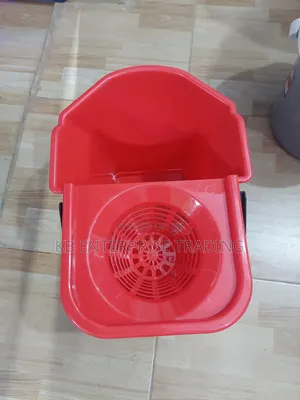 Red Plastic Mop Bucket With Caution Wet Floor Warning and Integrated
