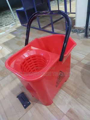 Red Plastic Mop Bucket With Caution Wet Floor Warning and Integrated