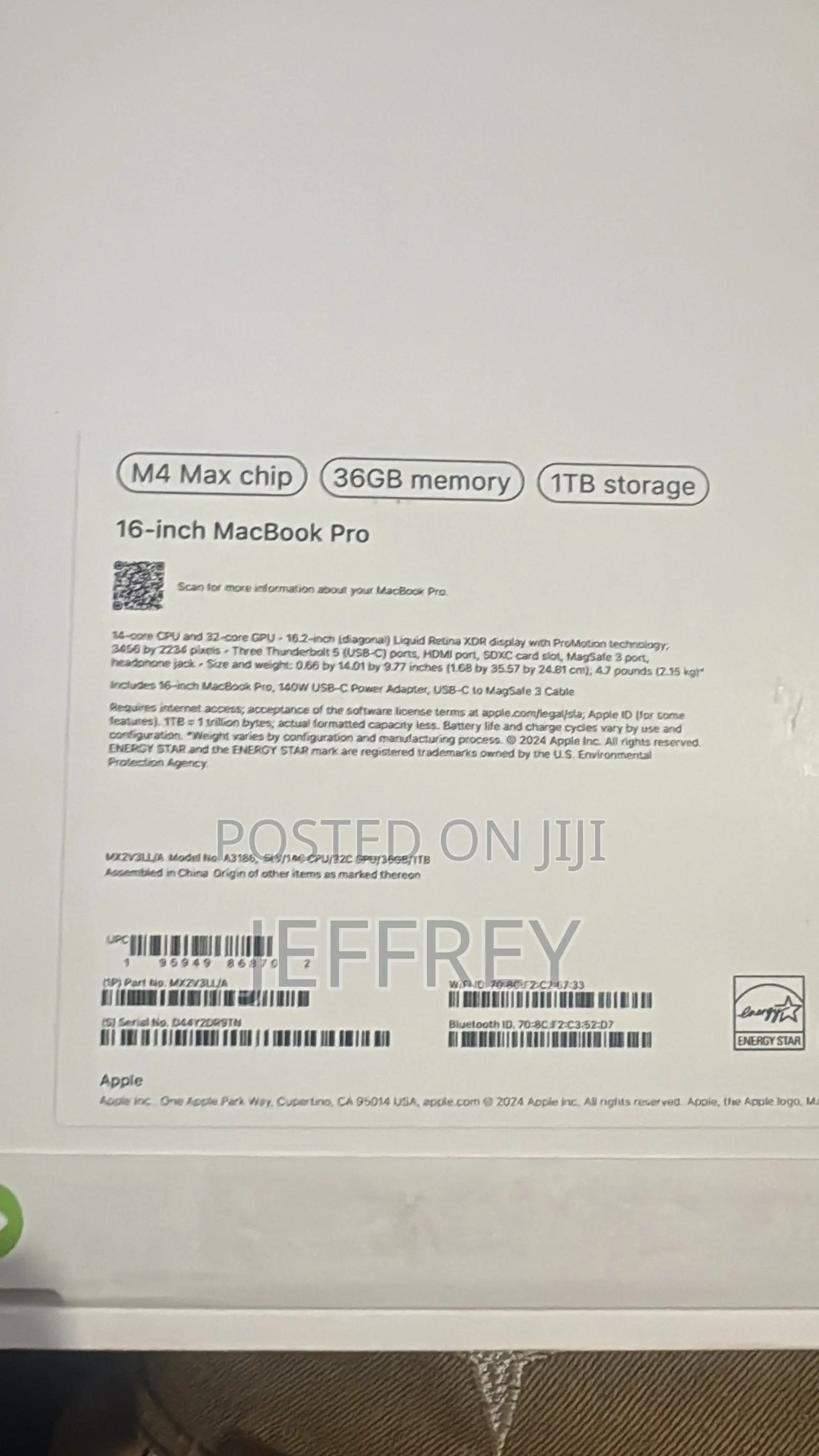 New Laptop Apple MacBook Pro 2024 M4 Max 32GB Apple M4 Max SSD 1T