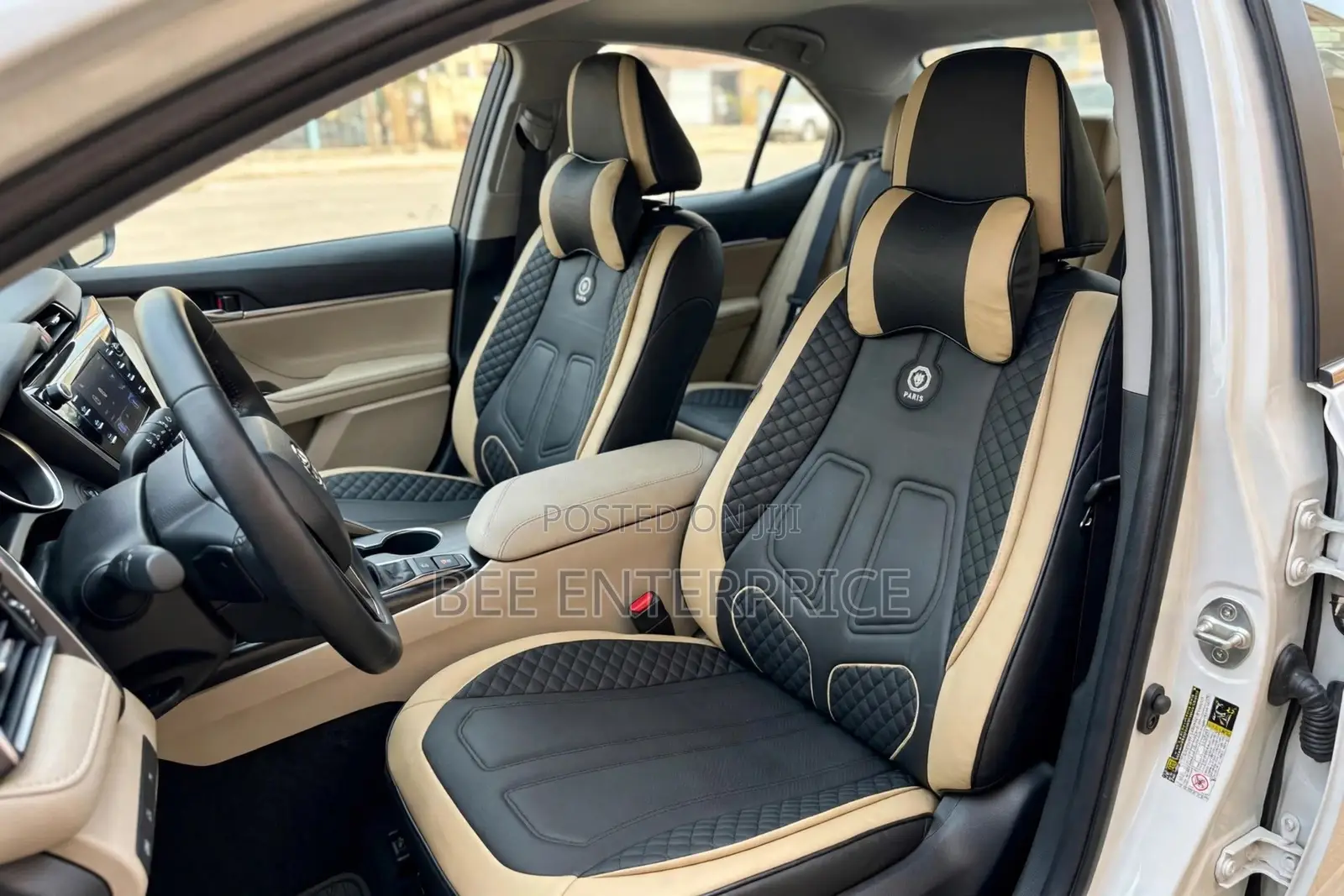 Beige and Black Leather Quilted Full Seat Cover- Universal