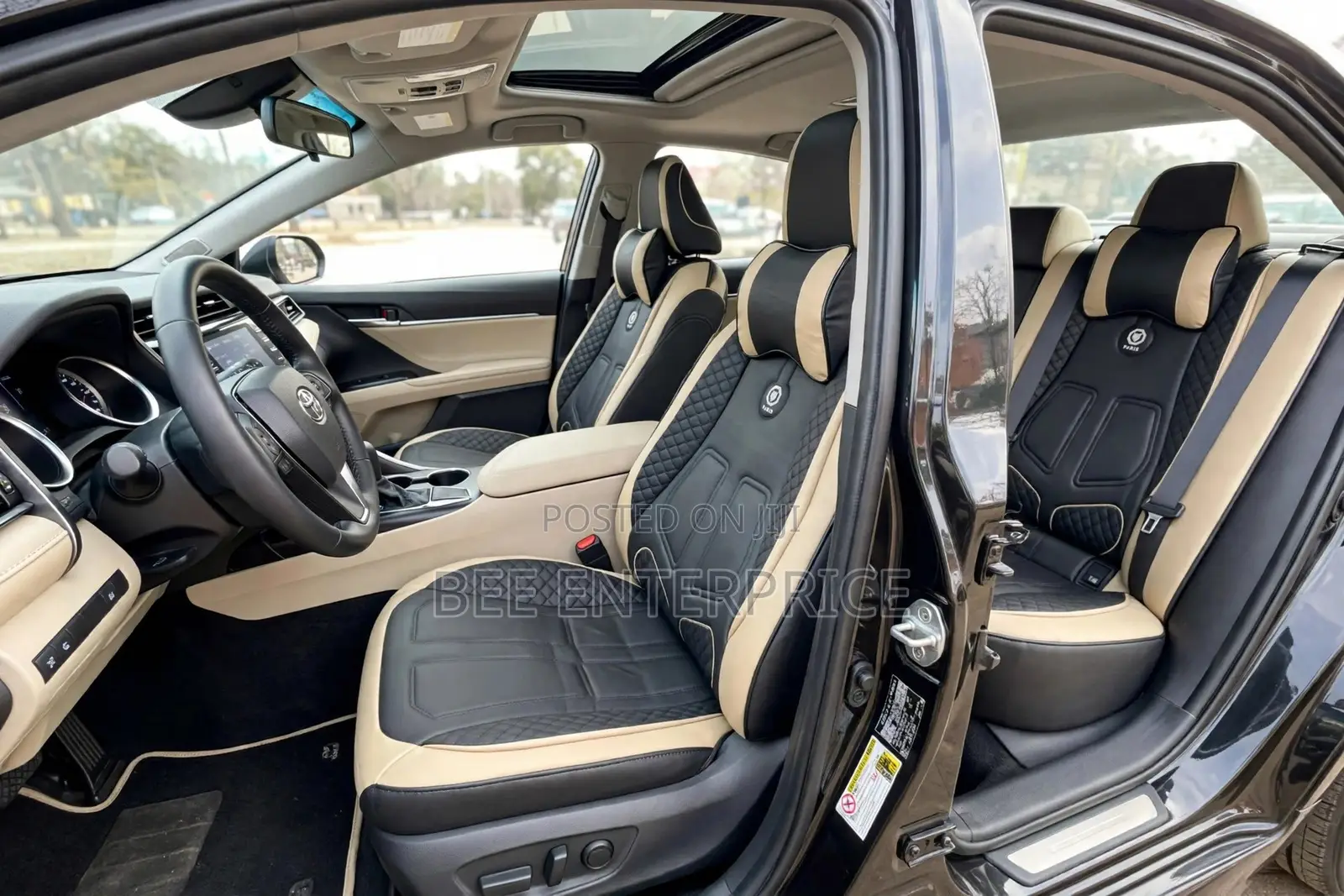 Beige and Black Leather Quilted Full Seat Cover- Universal