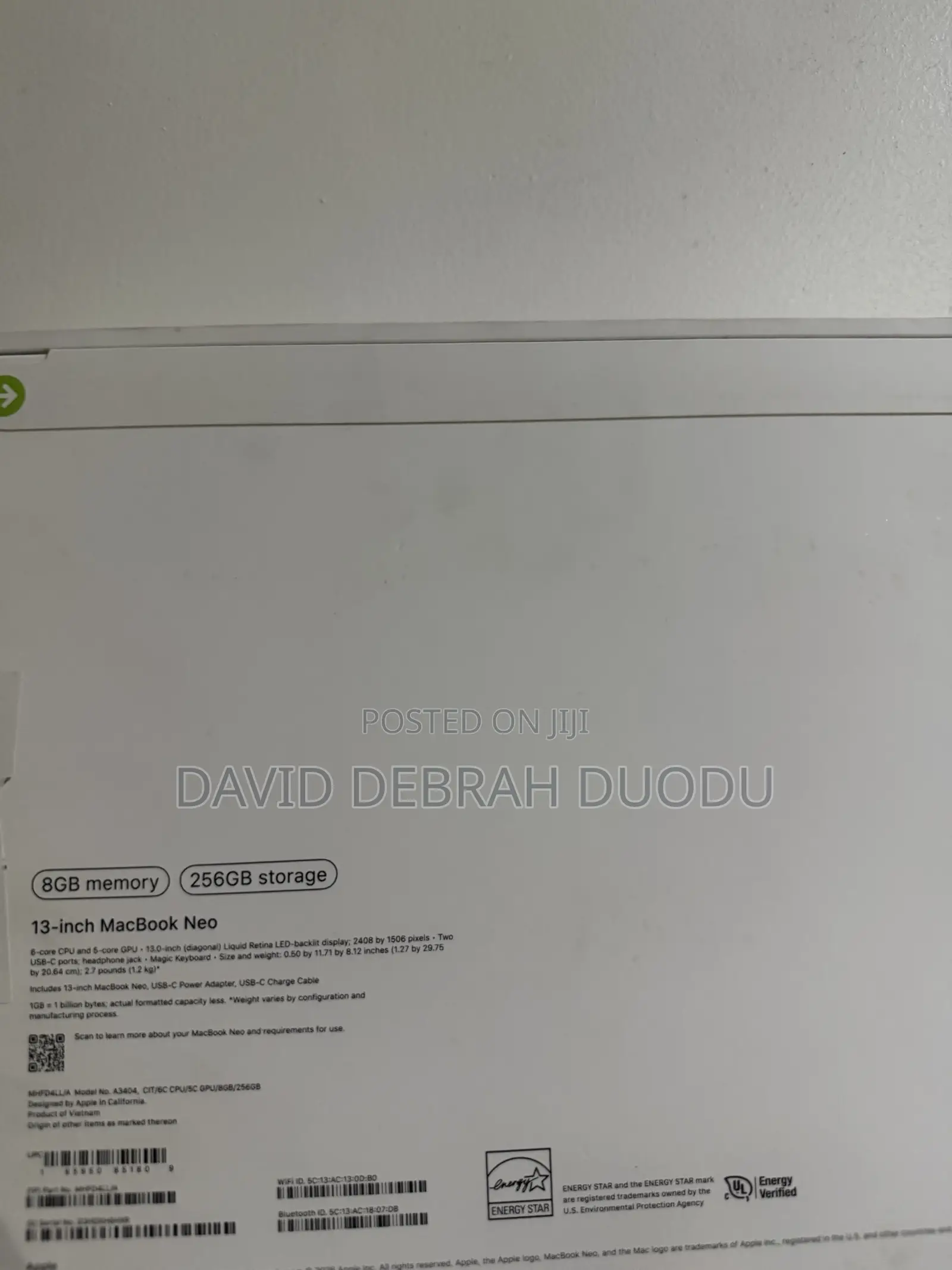 New Laptop Apple MacBook Neo 2026 8GB Apple M5 SSD 256GB
