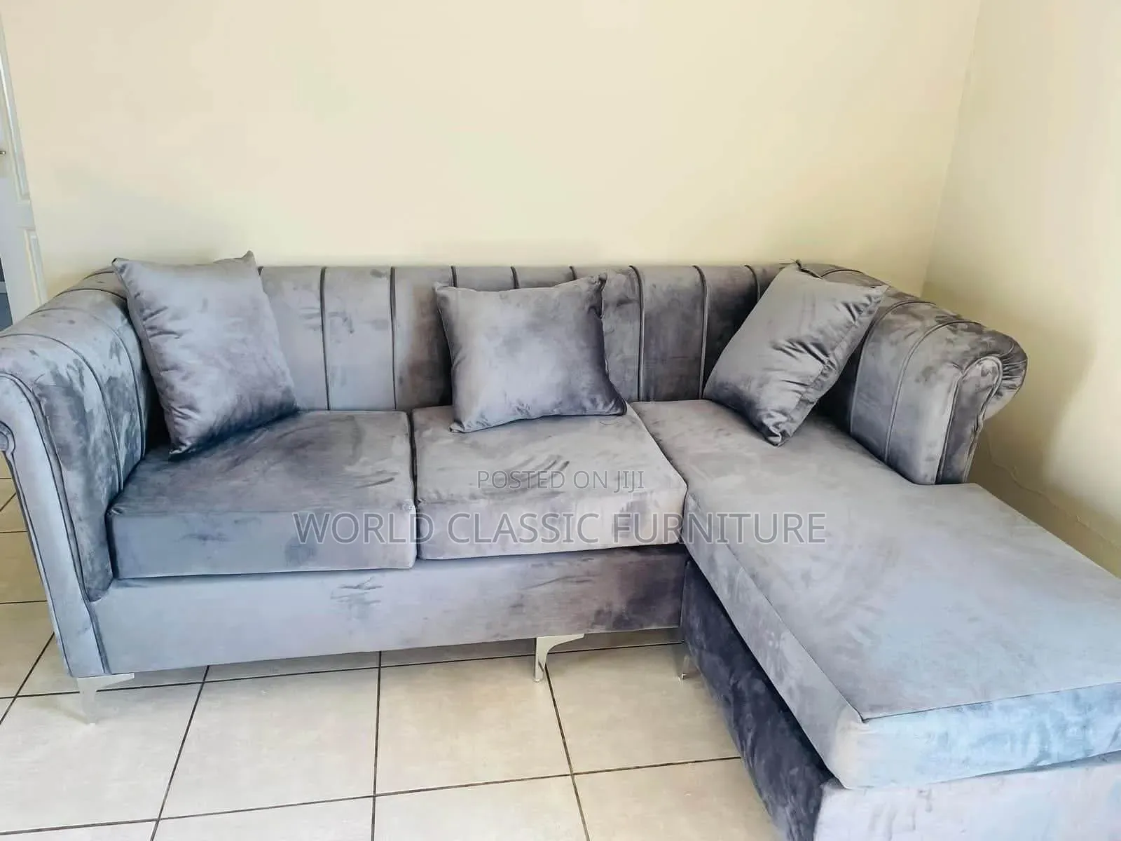 Velvet-Style L-Sectionals With Rolled Arms and Channel-Tufted Backs