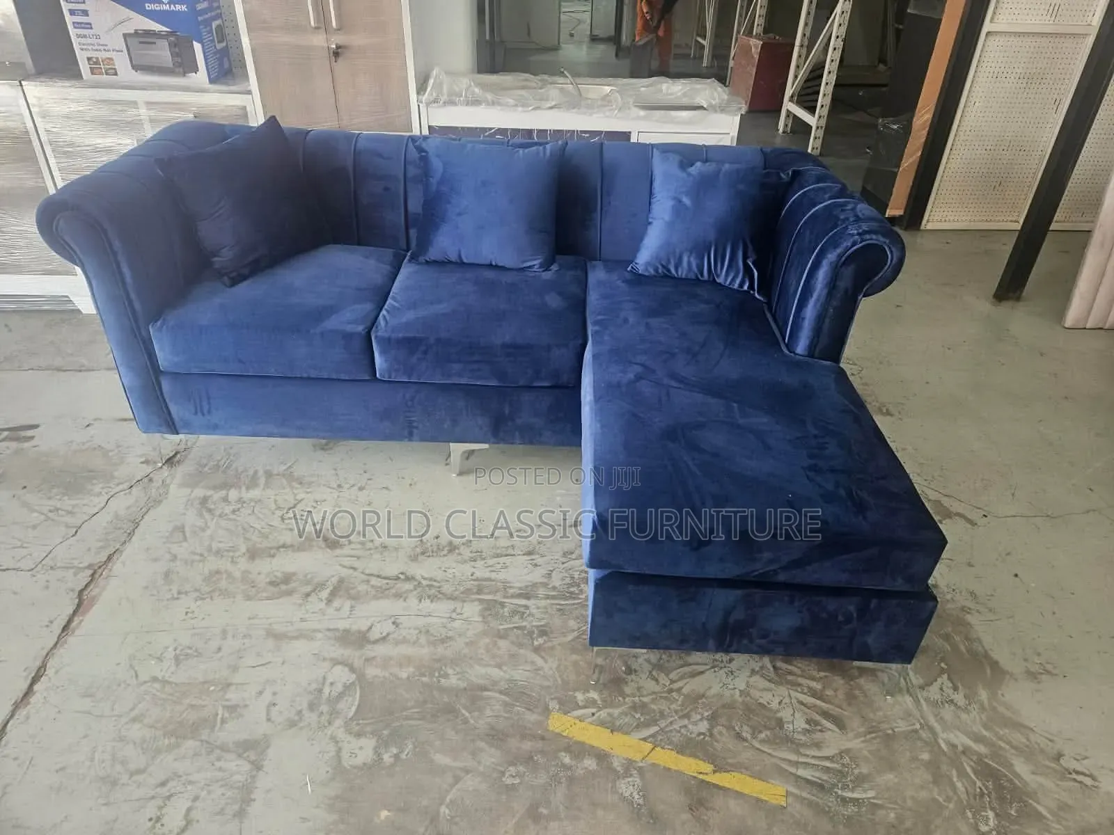 Velvet-Style L-Sectionals With Rolled Arms and Channel-Tufted Backs