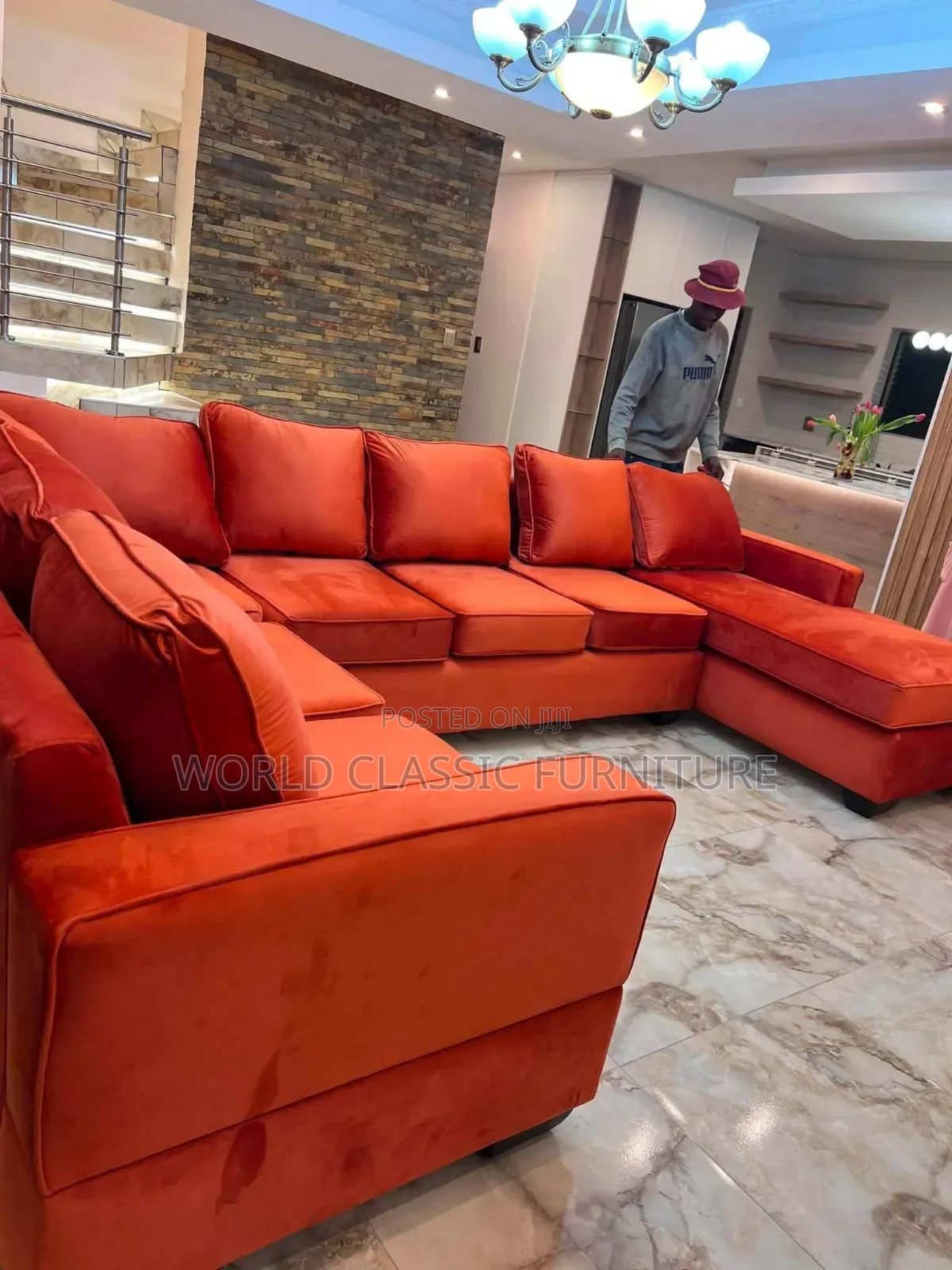 Orange Velvet L-Shaped Sectional Sofa – Modern Modular