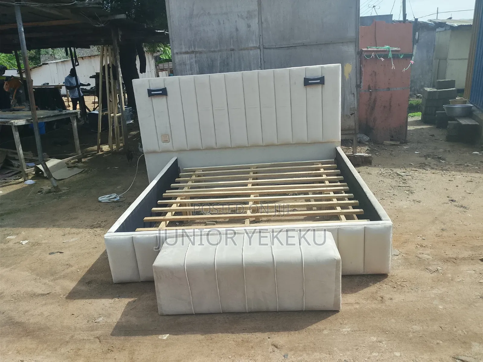 Queen Size Bed Frame Cream Color With Gold Design