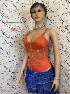 Stunning Orange Rhinestone Corset Bodysuit and a Matching Mini Skirt