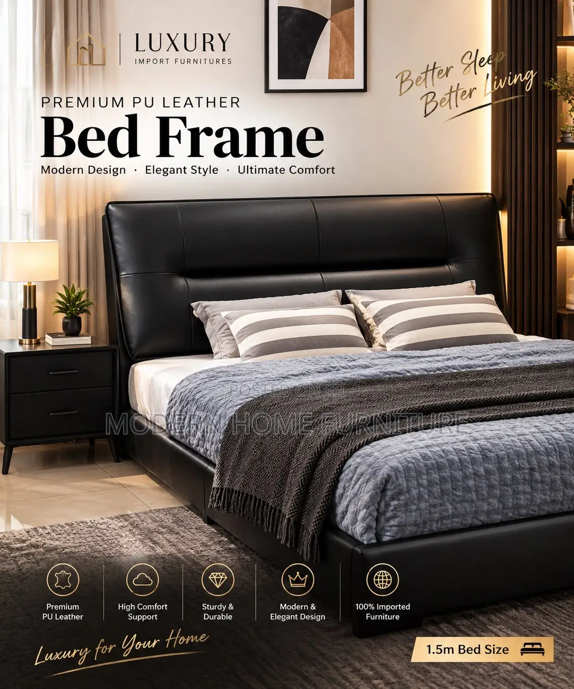 Luxury Black PU Leather Bed | 1.5m | Imported