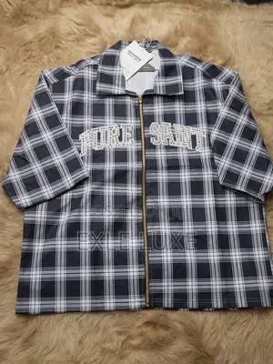 Black White “PURE SAINT” Plaid Zip-Up Shirt