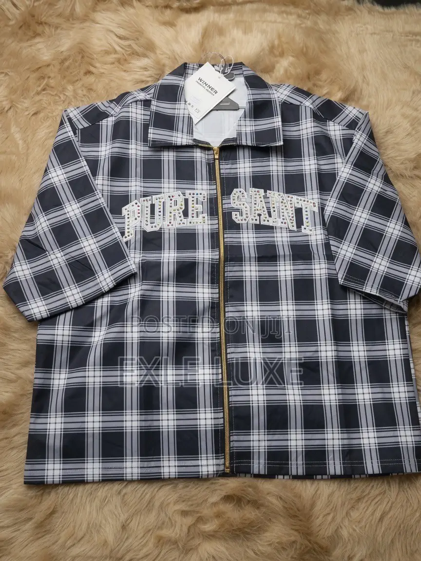 Black White “PURE SAINT” Plaid Zip-Up Shirt