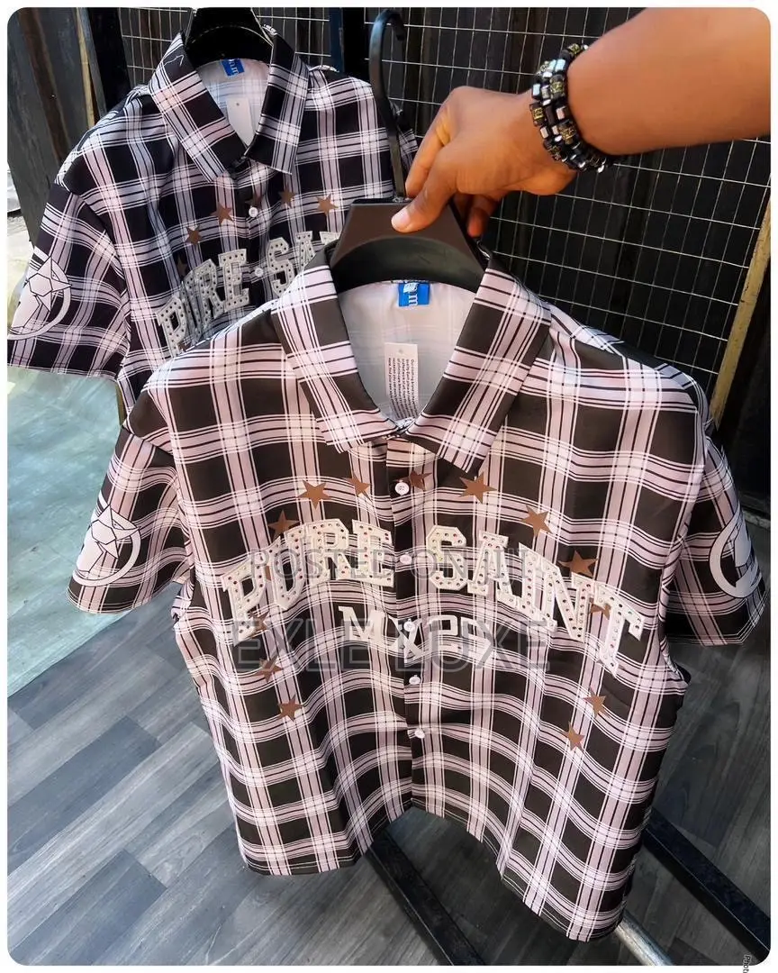Black White “PURE SAINT” Plaid Zip-Up Shirt