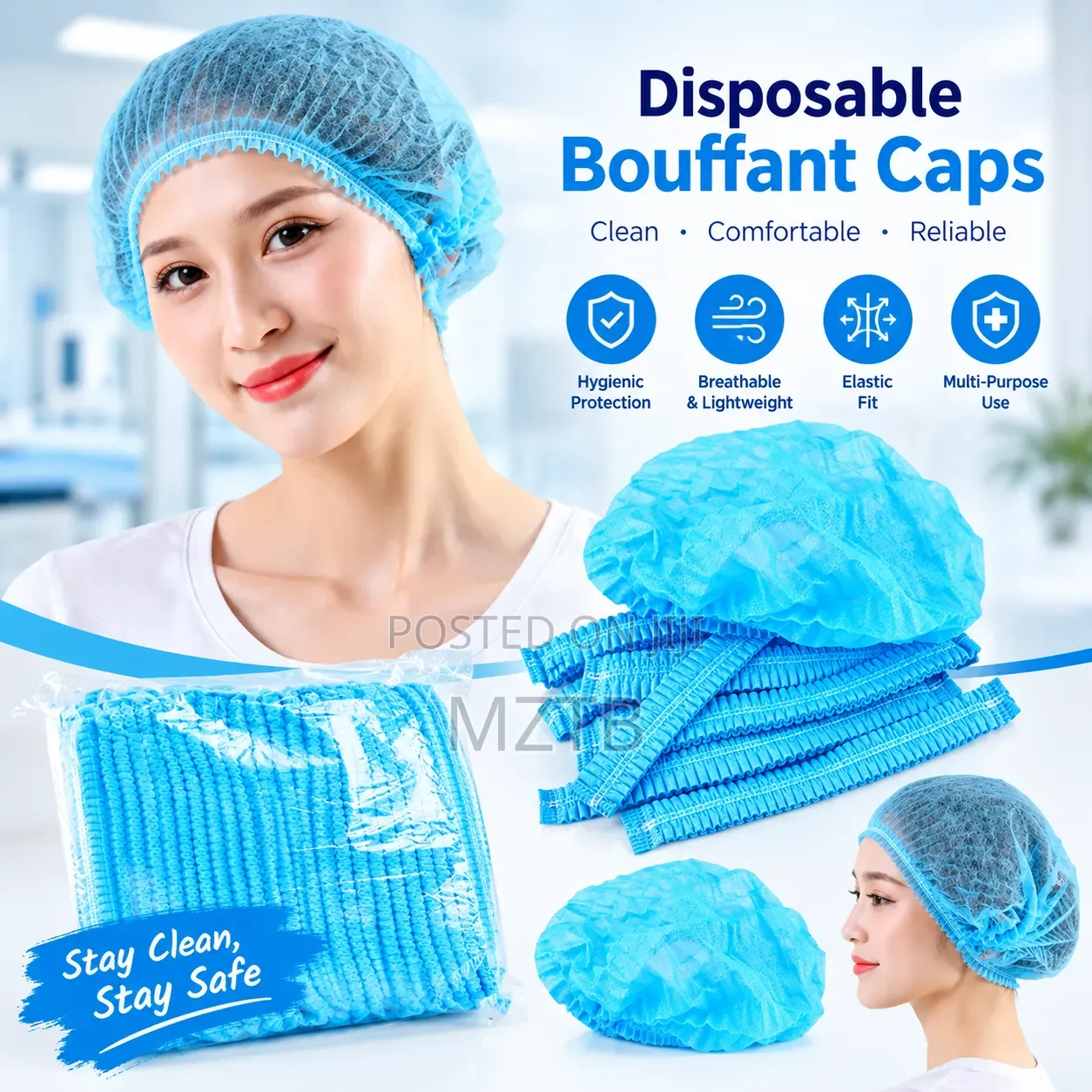 100 Disposable Non-Woven Hairnets - Blue