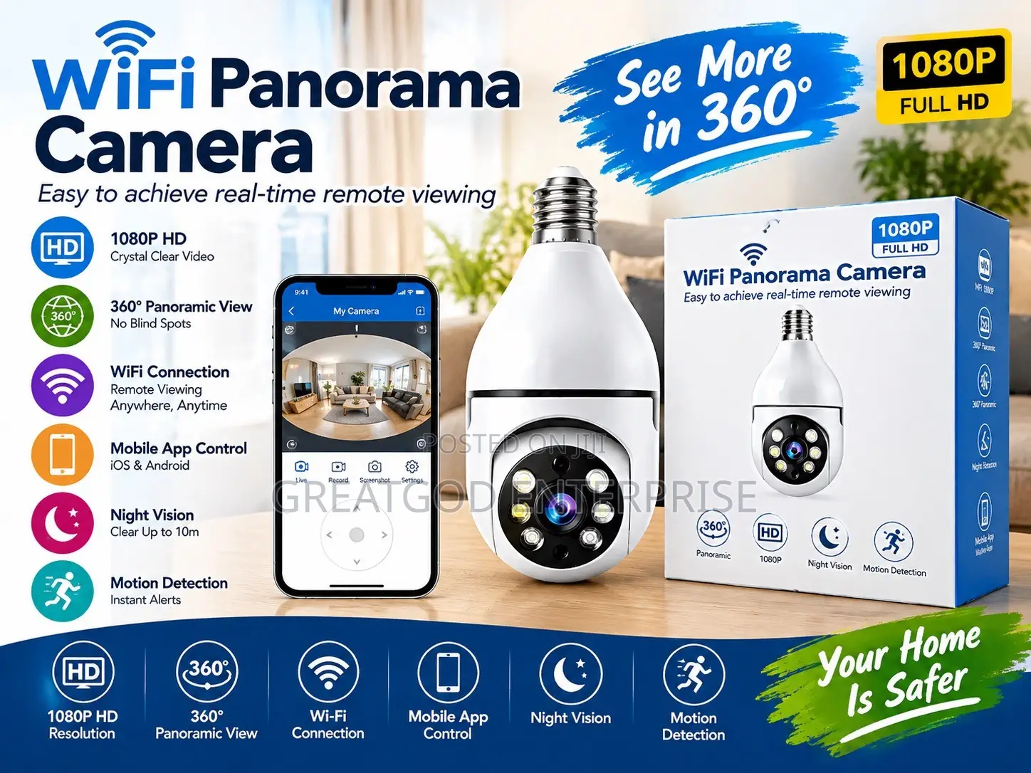 1080P WiFi Panorama Light Bulb Security Camera