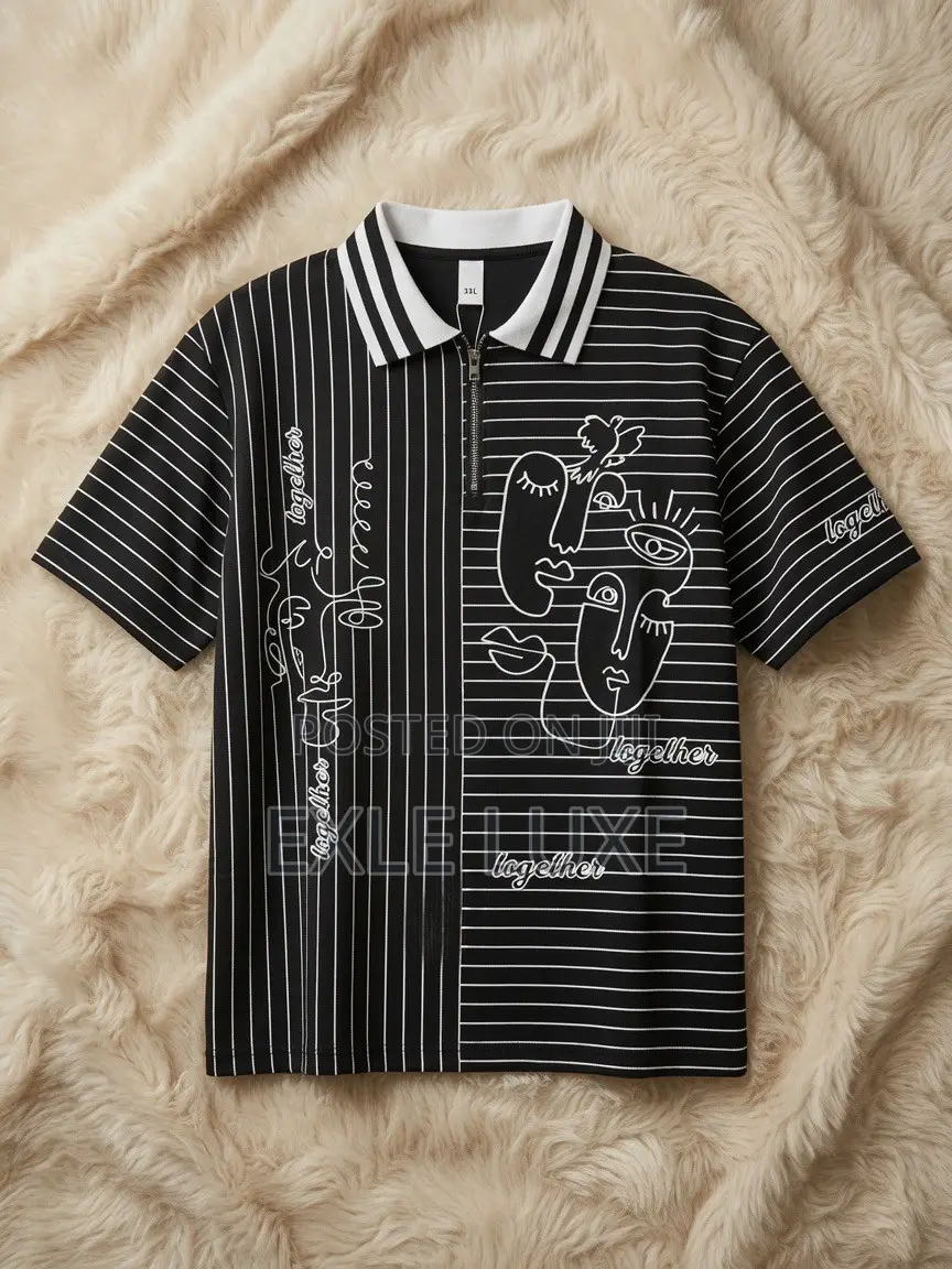 Black “Together” Striped Zip-Polo Shirt