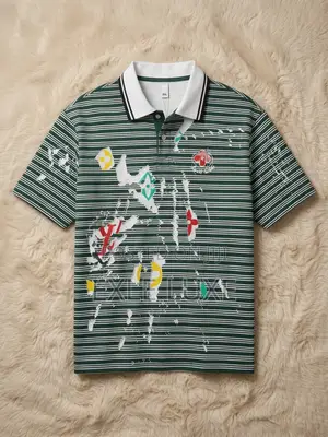 Green & White Graphic Striped Polo Shirt