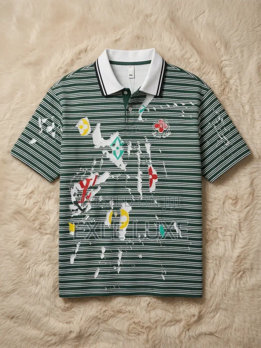Green & White Graphic Striped Polo Shirt