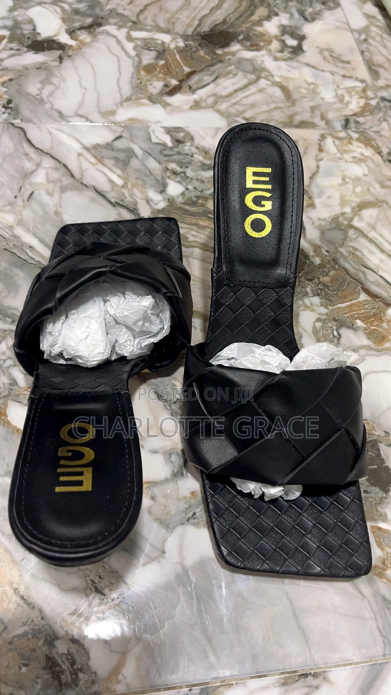 EGO Black Leather Square Toe High Heel Mules