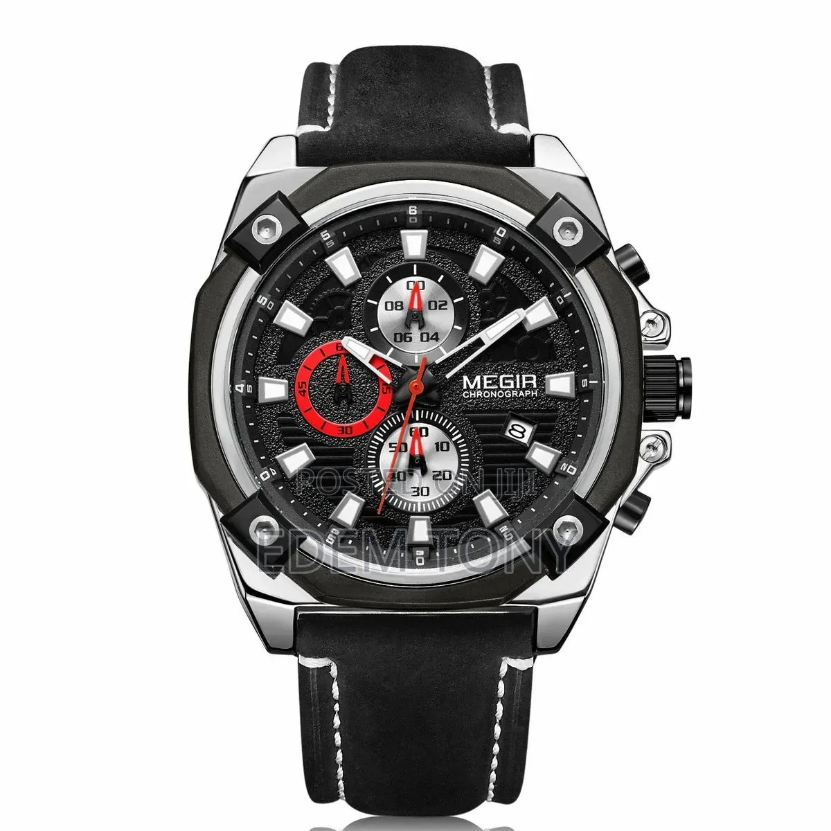 MEGIR Watch Quartz Movement Alloy Case Leather Band Silver Dial 2054
