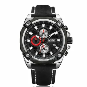 MEGIR Watch Quartz Movement Alloy Case Leather Band Silver Dial 2054