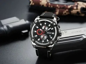 MEGIR Watch Quartz Movement Alloy Case Leather Band Silver Dial 2054