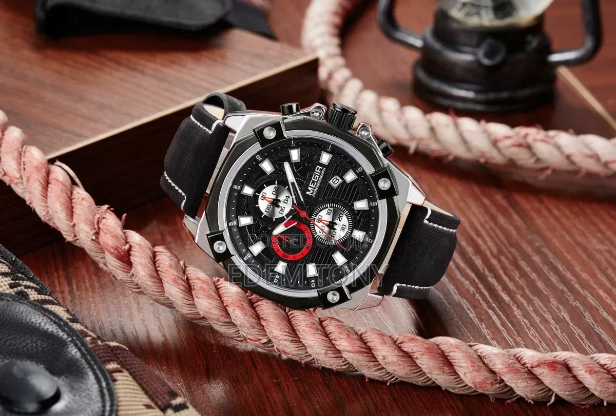 MEGIR Watch Quartz Movement Alloy Case Leather Band Silver Dial 2054