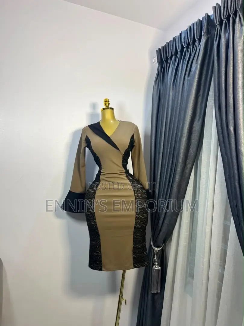 Elegant Mocha & Black Bodycon Dress | Office & Occasion Wear