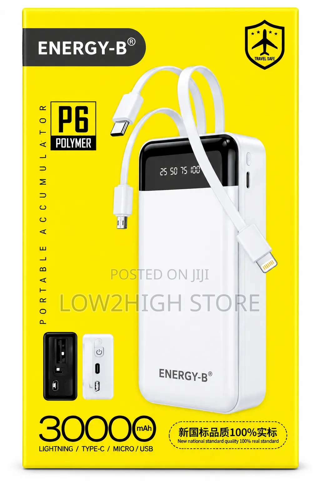 Energy-B P6 30,000mAh Power Bank With Built-in Cables - Low2High