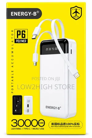 Energy-B P6 30,000mAh Power Bank With Built-in Cables - Low2High