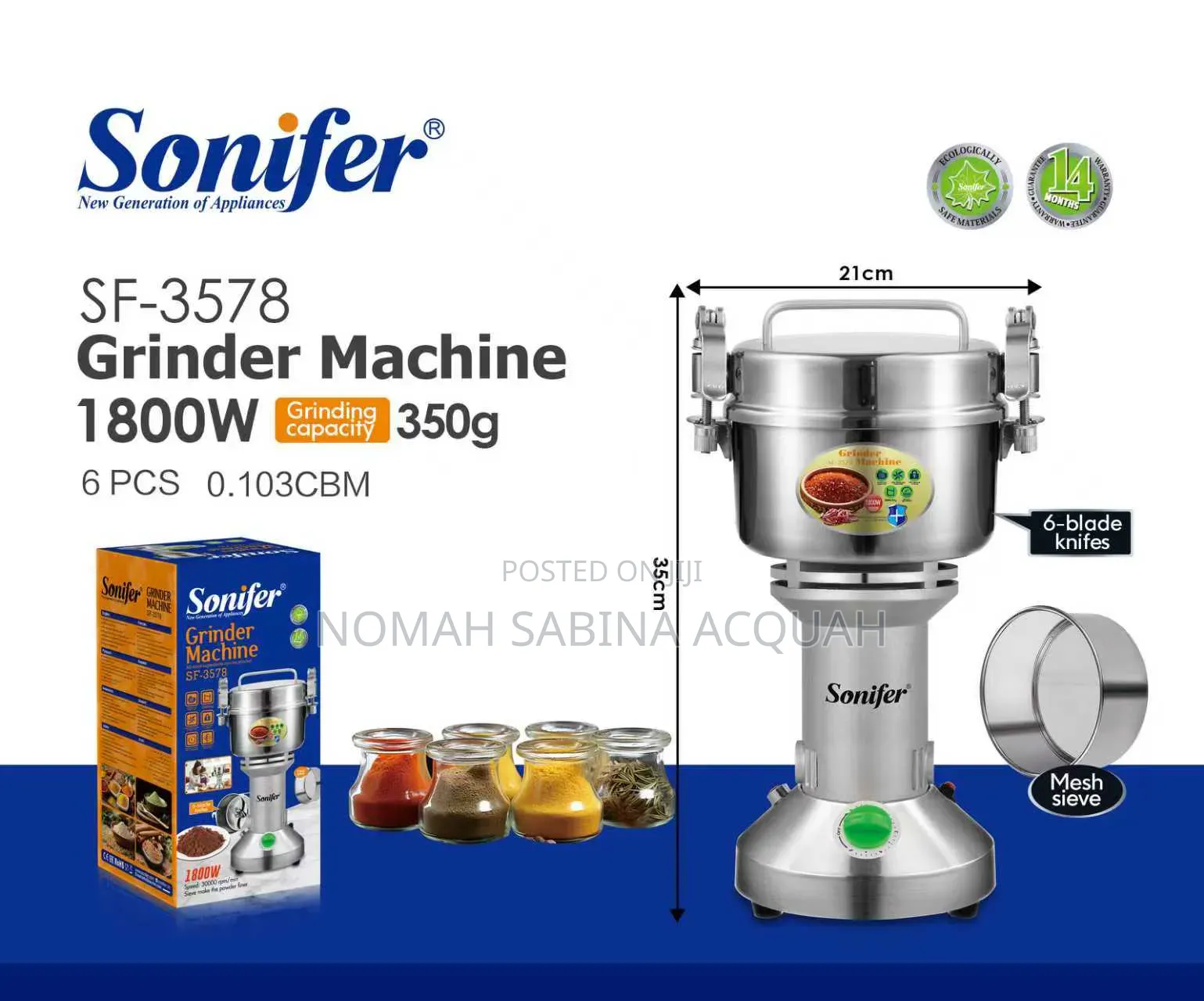 Sonifer Stainless Steel Spices Grinder Machine ,1,800W (350g)