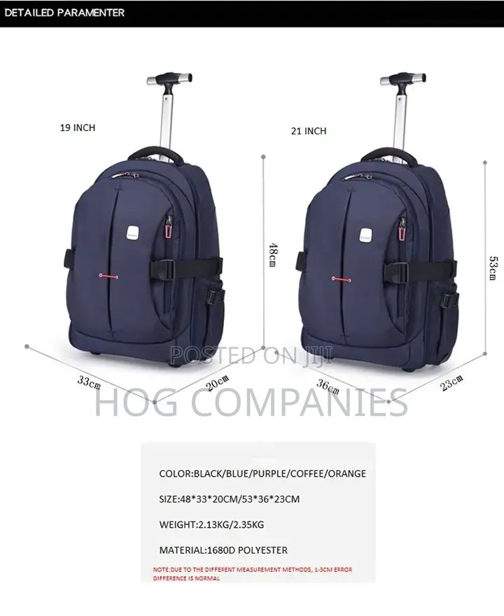 19' Adult Travel Backpack Detachable Wheels Waterproof Trolley Bag
