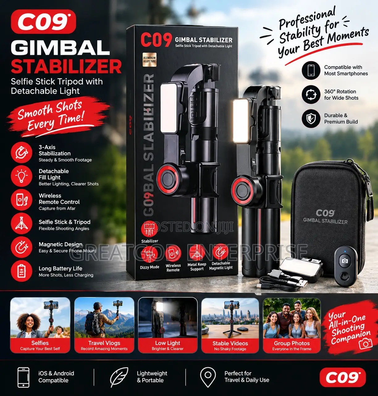 C09 Gimbal Stabilizer Selfie Stick Tripod