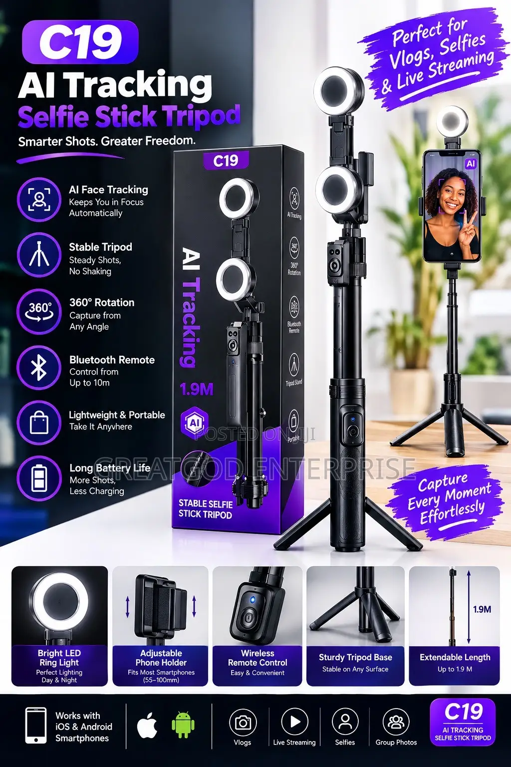 C19 AI Tracking Stable Selfie Stick Tripod