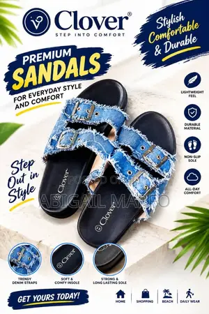 Clover Premium Distressed Denim Double-Buckle Slide Sandals
