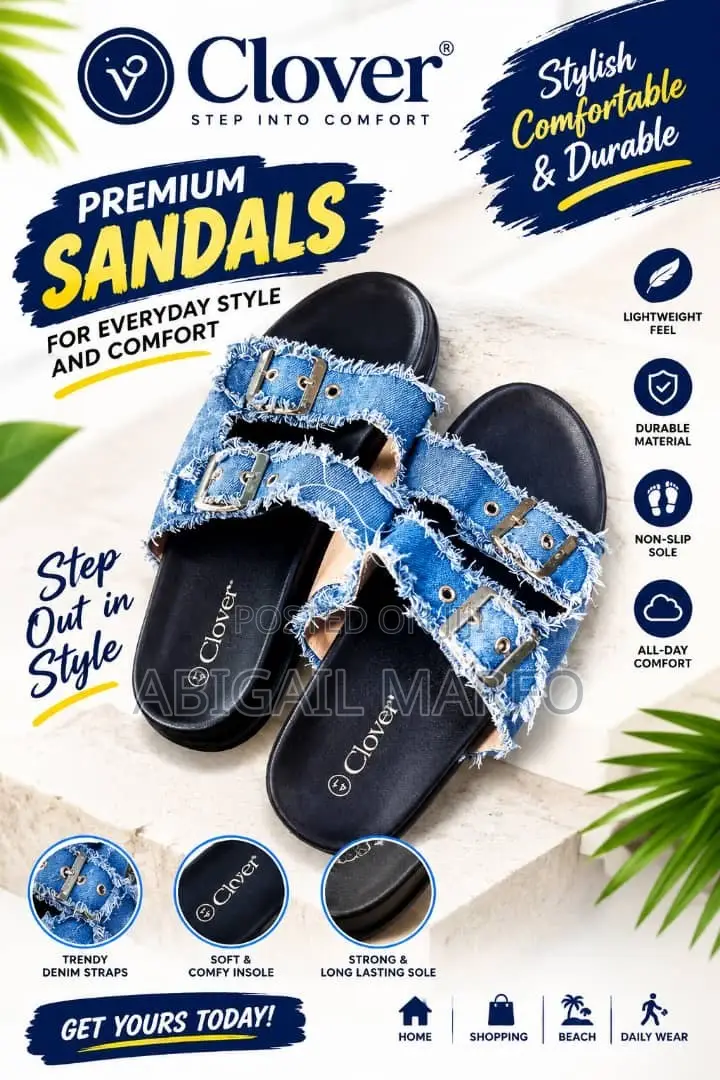 Clover Premium Distressed Denim Double-Buckle Slide Sandals