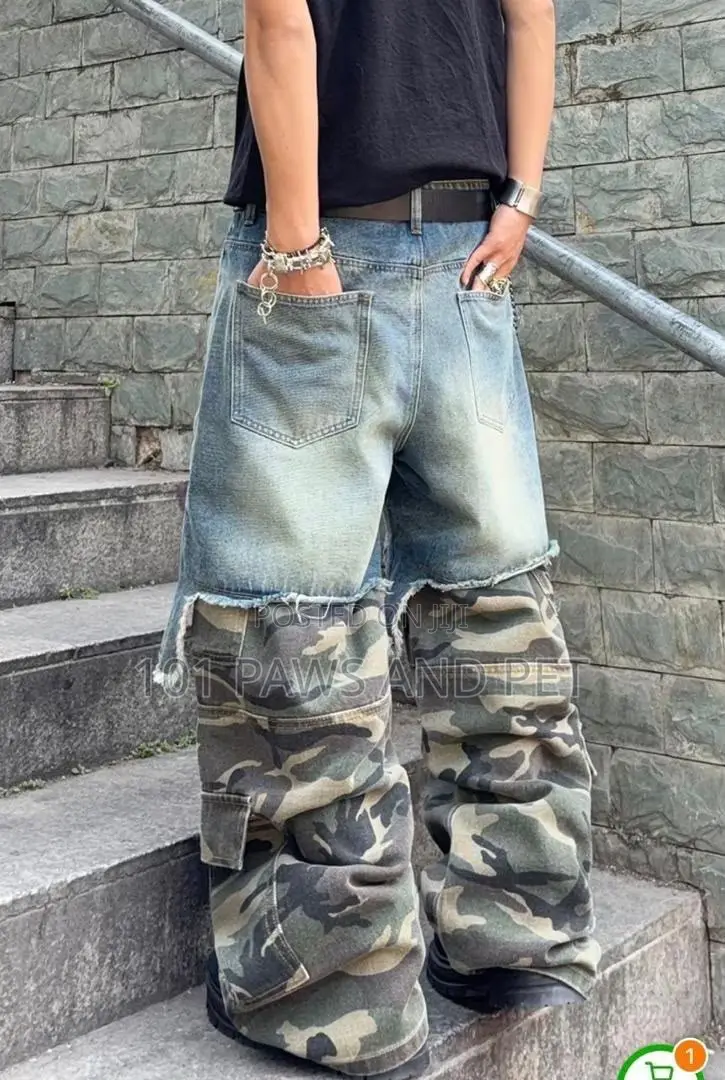 Camo Layered Baggy Cargo Pants | Denim Over Camo Streetwear